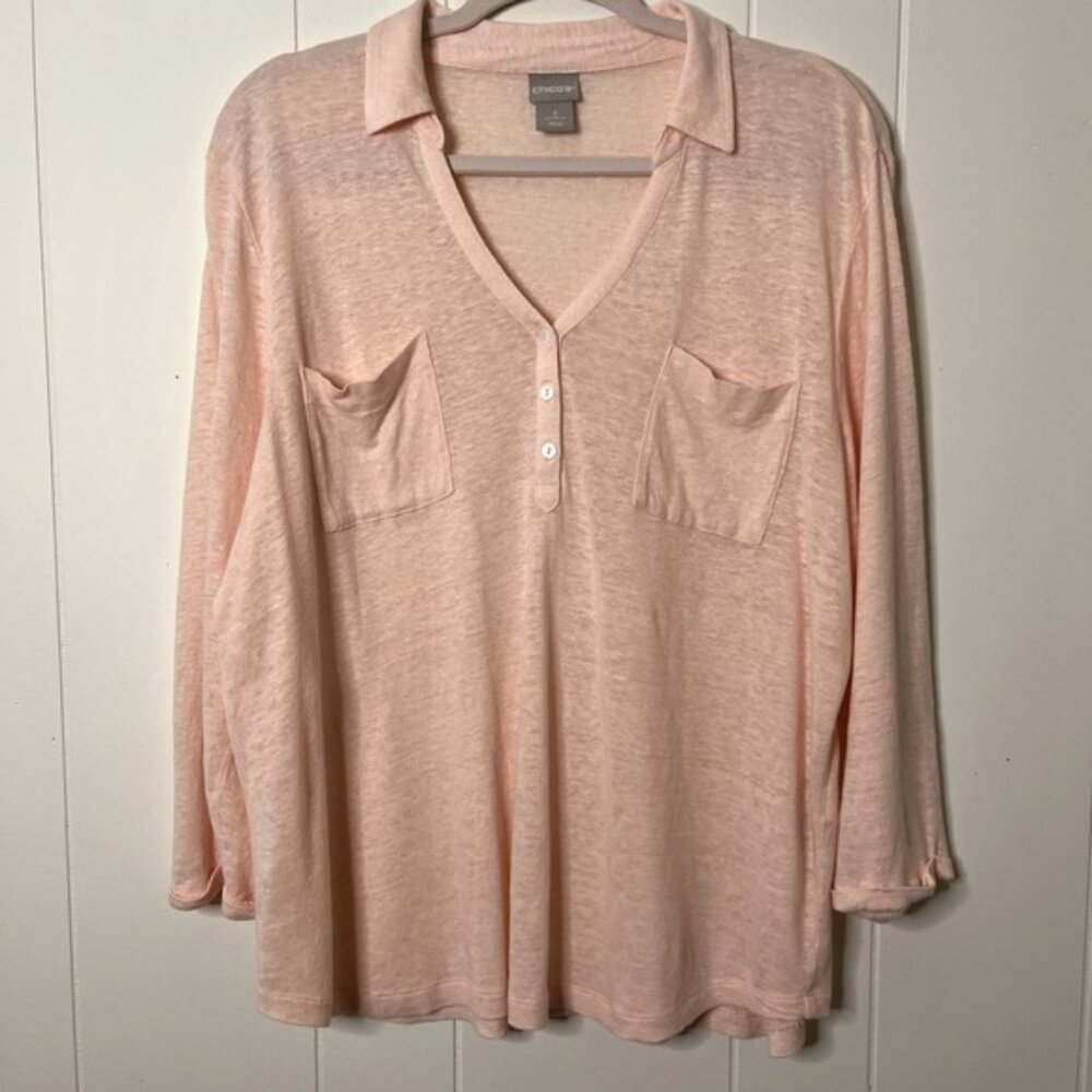 Chico's Linen Knit Henley Top Women's XL  3/4 Sleeve V Neck Collar Pockets